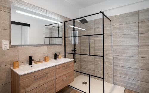 une salle de bain avec un lavabo et une douche dans l'établissement Maison Amélia, à Parentis-en-Born