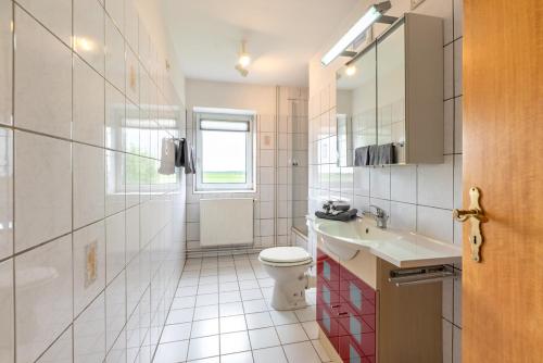 a bathroom with a toilet and a sink and a window at Ferienhof Bruhn "Nr 2" in Midlum