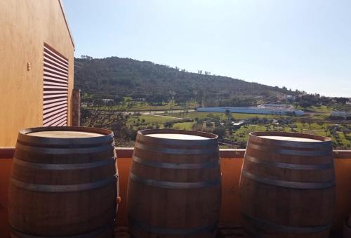 three wine barrels sitting on a balcony with a mountain at Monte da Esperanca in Esperança
