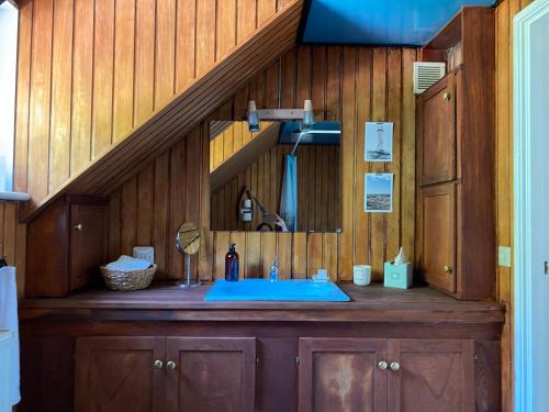 a bathroom with a blue sink and wooden walls at Family-friendly house near the sea in TrÃ¤slÃ¶vslÃ¤ge