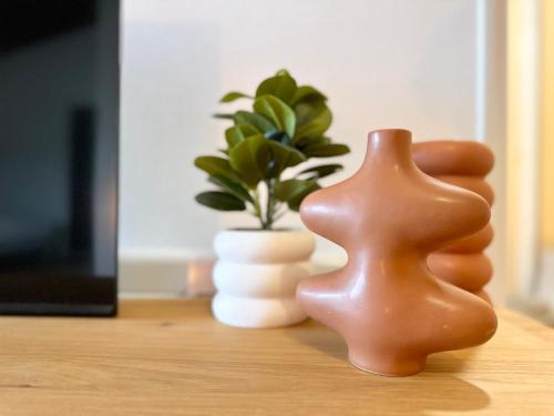 a pair of vases sitting on a table with a plant at Le Terrazzo - Élégant - Centre - Balcon - Lumineux in Mont-de-Marsan