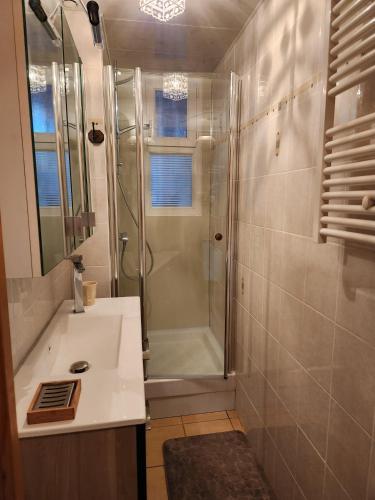 une salle de bain avec douche et lavabo dans l'établissement MAISON PROCHE PLAGE SUR BASSIN D ARCACHON, à Andernos-les-Bains