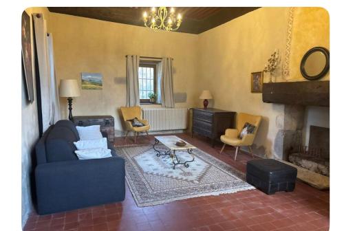 a living room with a blue couch and chairs at Grand gite Chateau in Saint-Paul-lès-Monestier