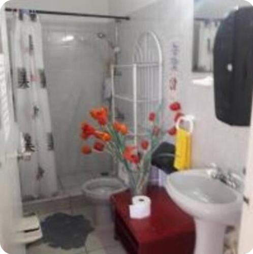 a bathroom with a toilet and a sink and a shower at YOUR FIRST DAY Hotel on Aruba in Oranjestad