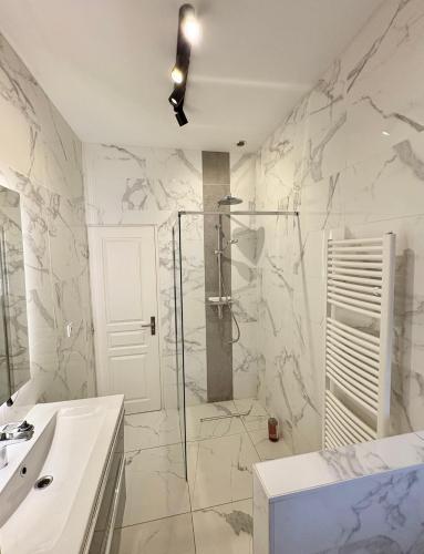 une salle de bain avec une douche en verre et un lavabo dans l'établissement T3 hypercentre proche gare, à Bourgoin-Jallieu