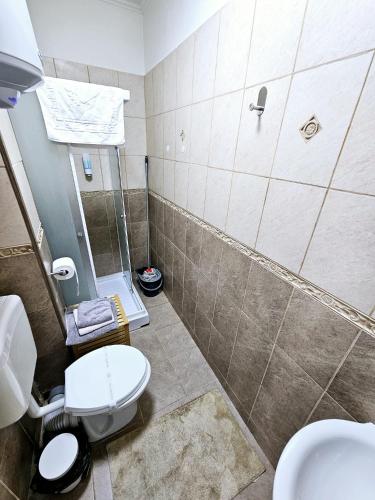 a bathroom with a toilet and a sink and a shower at Central Bucharest 1-Bedroom Apartment near Universitate Metro in Bucharest
