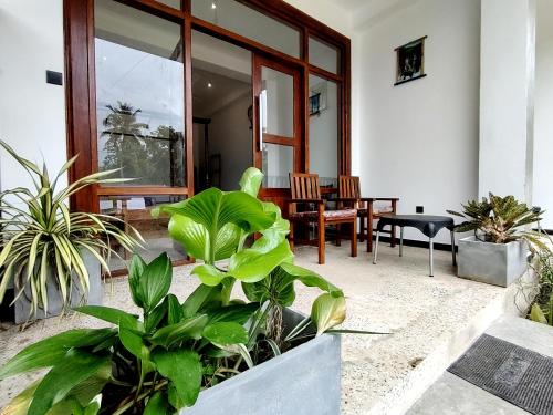 a patio with plants and a table and chairs at Surfing Pinthaliya - Midigama in Weligama