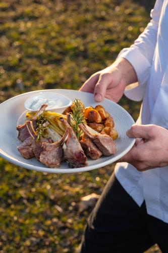 a person holding a plate of meat and vegetables at Hotel Il Castagno in Mugena