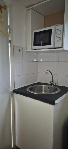 une cuisine avec un évier et un micro-ondes dans l'établissement Hameau de Soissons, à Billy-sur-Aisne