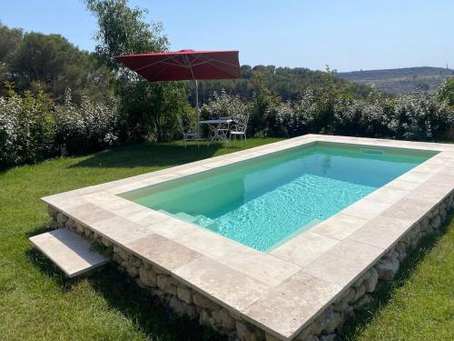 - une piscine avec un parasol et une table dans l'établissement La Maison de Léo, à Saint-Mitre-les-Remparts