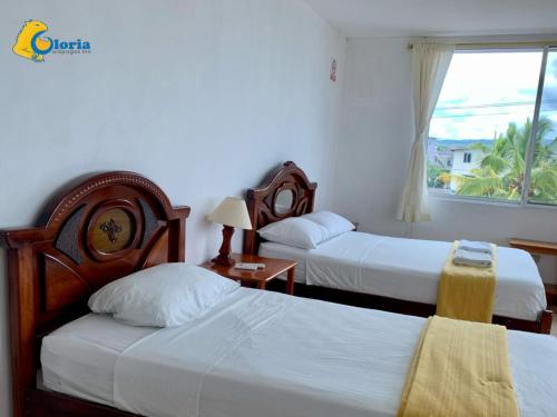 a hotel room with two beds and a window at Gloria - Galápagos Inn in Puerto Ayora