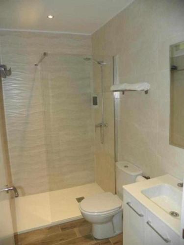 a bathroom with a shower and a toilet and a sink at Apartamentos EL SERRÓN Colombres in Colombres