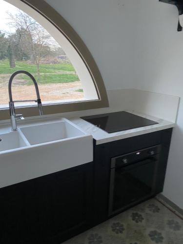 une cuisine avec un évier et une fenêtre dans l'établissement La Maison Bonne Aventure, à Saint-Mitre-les-Remparts