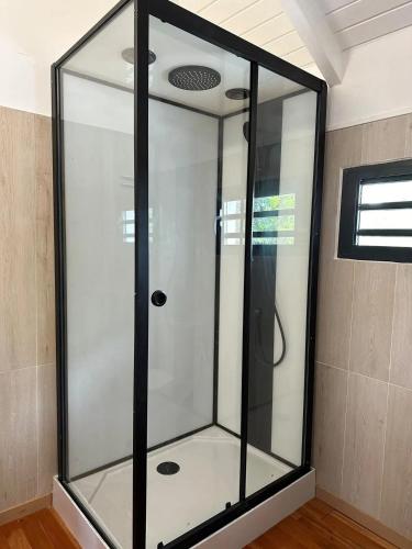 a shower with a glass door in a room at Studio accueillant au Gosier avec belle terrasse in Le Gosier