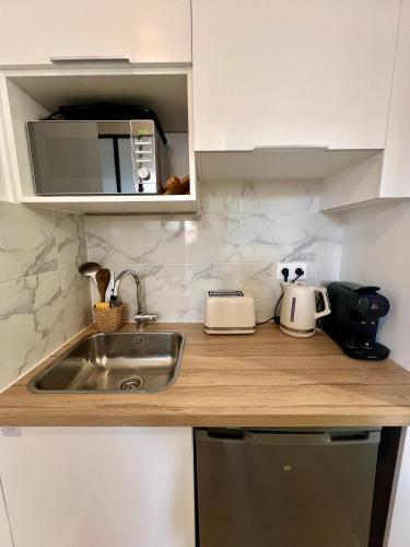 un comptoir de cuisine avec un évier et un micro-ondes dans l'établissement Laa Conciergerie, l'écrin vert des Chalets, à Toulouse