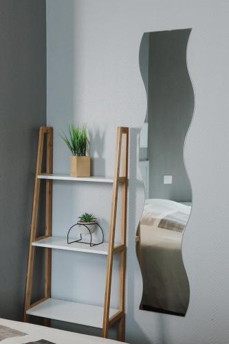 une chambre avec deux étagères et un lit dans l'établissement Appart hôtel Bourges, à Bourges