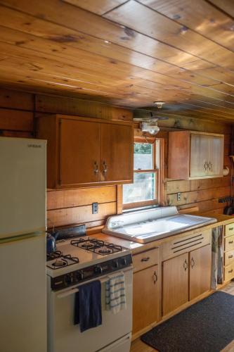 a kitchen with a stove and a refrigerator at Moose Point Cabin in Greenville