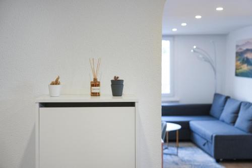 a living room with a blue couch and a table at book2stay - Apartments Herisau in Herisau