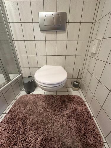 a bathroom with a toilet with a rug on the floor at Ferienhaus Löwenherz in Pommern