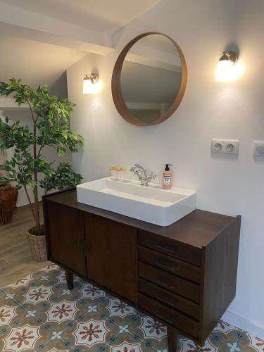 une salle de bain avec un lavabo et un miroir dans l'établissement Riverside farmhouse with olive grove, à Lorgues