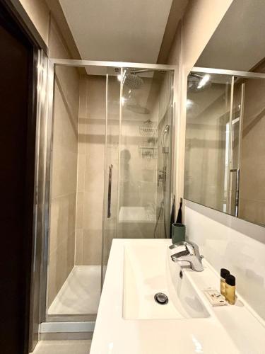 une salle de bain avec un lavabo et une douche dans l'établissement studio plein centre ville rue piétonne, à Nice