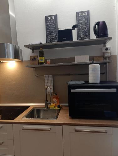 a kitchen counter with a sink and a microwave at Vico 4 Charme Apartments in Trieste