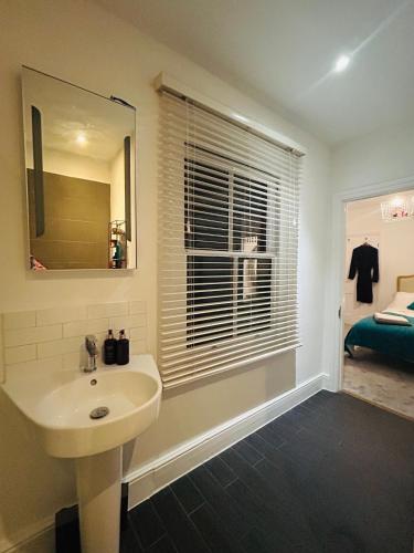 a bathroom with a sink and a mirror and a window at Saskia's Rooms in Winchester