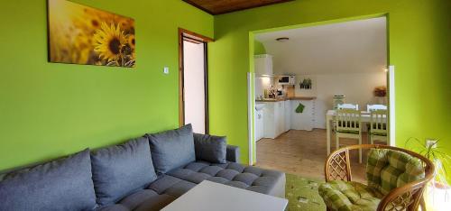 a living room with a blue couch and a green wall at Domek v Moravském Krasu in Lipovec