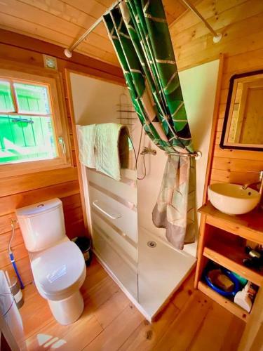 une petite salle de bain avec toilettes et lavabo dans l'établissement Roulotte au Domaine de la Moretie, à Cublac