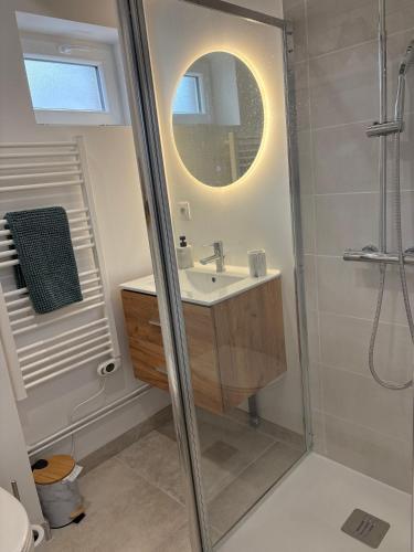 une salle de bain avec un lavabo et une douche avec un miroir dans l'établissement Le Caux'gîte, à Bretteville-du-Grand Caux