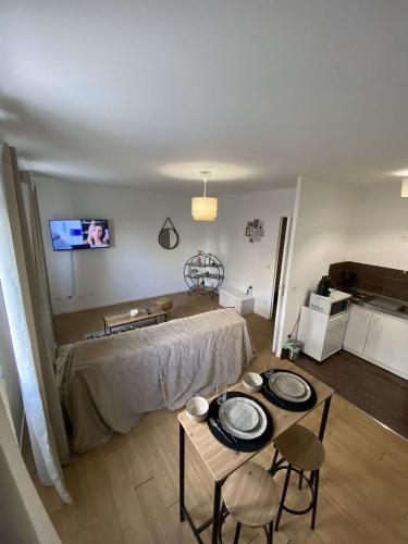 un salon avec un lit et deux tables et une télévision dans l'établissement petit appartement cosy, à Noisy-le-Grand