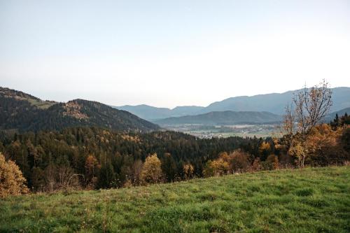 a view of a hill with mountains in the background at Glamping Gril in Ljubno