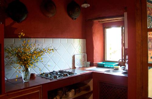a kitchen with a stove and a vase of flowers at Cortijo Rural Finca HUERTA SANTA MARÍA in Galaroza