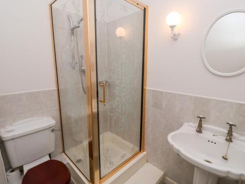 een badkamer met een douche, een toilet en een wastafel bij Tile Rouge in Wooler