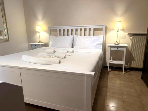 a large white bed with two lamps on two tables at Dream Stay Nettuno in Nettuno