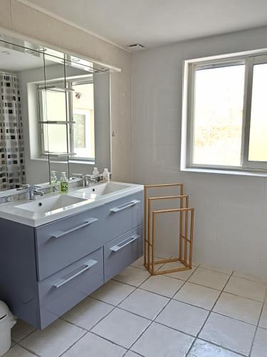 une salle de bain avec un lavabo et un miroir dans l'établissement Villa Les Grenadines RDC, à Mèze