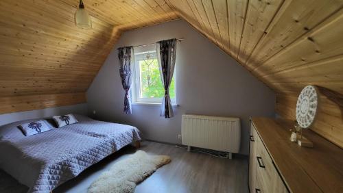 a bedroom with a bed and a window at Domek Jarmuta in Szlachtowa