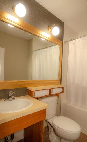 a bathroom with a toilet and a sink and a mirror at Hotel Dorion in Montréal