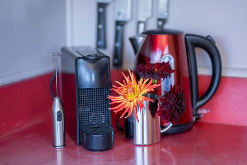 a red counter top with a hair dryer and a can of soda at The Crib Haven - Te Anau Holiday Home in Te Anau
