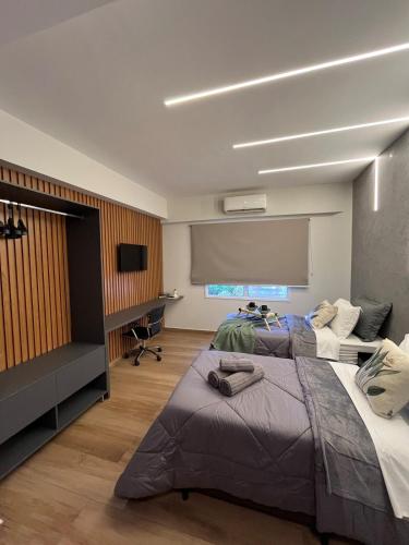 a bedroom with two beds and a projection screen at Travellar Spot 12 in Ribeirão Preto