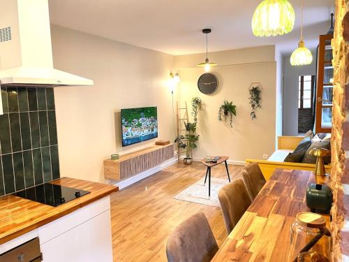 un salon avec un canapé et une télévision dans l'établissement le nid du pont vieux, à Albi