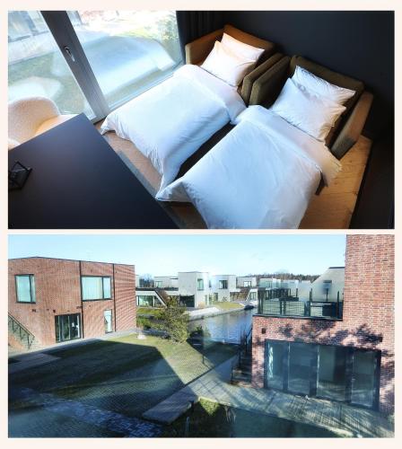 two pictures of a bed in a room with a window at NORA Svencele in Svenele