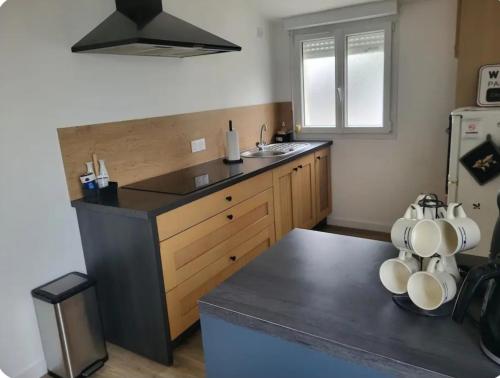 une cuisine avec un évier et un plan de travail dans l'établissement Petite Maison 3 chambres Lamballe-Armor, à Lamballe Armor