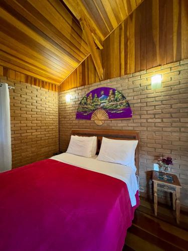 a bedroom with a large bed with a red blanket at Chalés Das Estrelas in Visconde De Maua