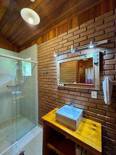 a bathroom with a sink and a glass shower at Chalés Das Estrelas in Visconde De Maua
