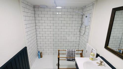a bathroom with a sink and a shower at Powis House East Cottage in Stirling