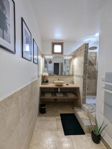 une salle de bain avec un lavabo et un miroir dans l'établissement Appartement spacieux et charmant, à Caumont-sur-Durance