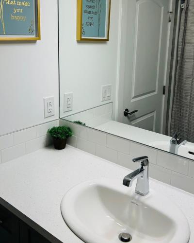 a bathroom counter with a sink and a mirror at Private Very Spacious 2 bed 1-Bedroom basement Suite SW Calgary in Calgary