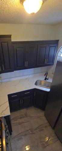 a kitchen with black cabinets and a sink at Unbelievable view in Ocho Rios