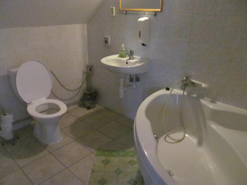 a bathroom with a toilet and a sink and a tub at A+S Penzion Podzamok in Spišské Podhradie